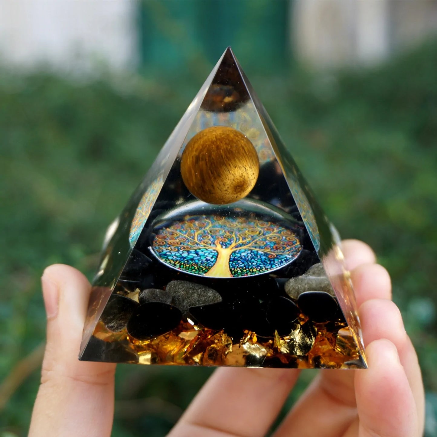 Tiger Eye Crystal Sphere & Obsidian Quartz Orgone Pyramid: Reiki Energy Healing Tool