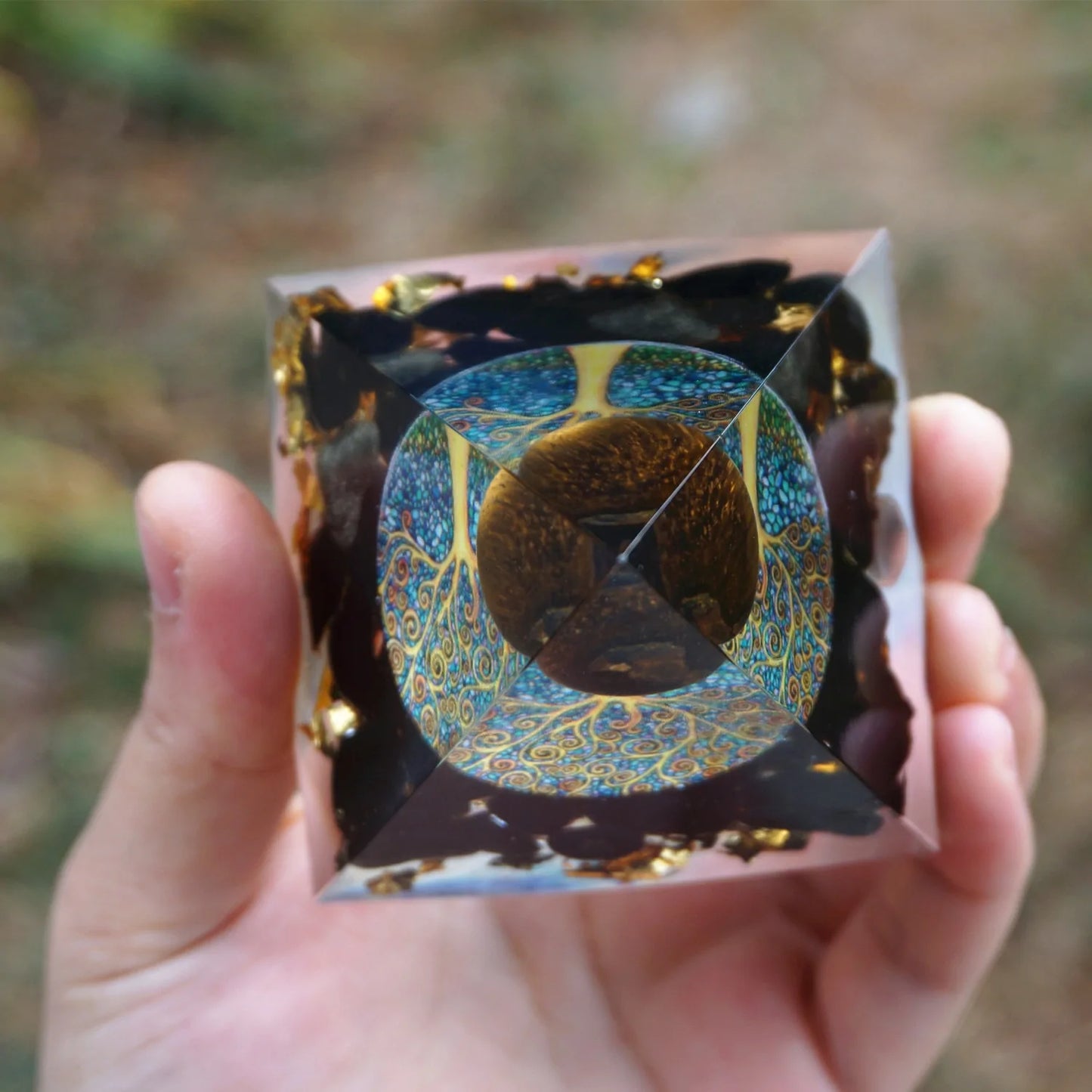 Tiger Eye Crystal Sphere & Obsidian Quartz Orgone Pyramid: Reiki Energy Healing Tool